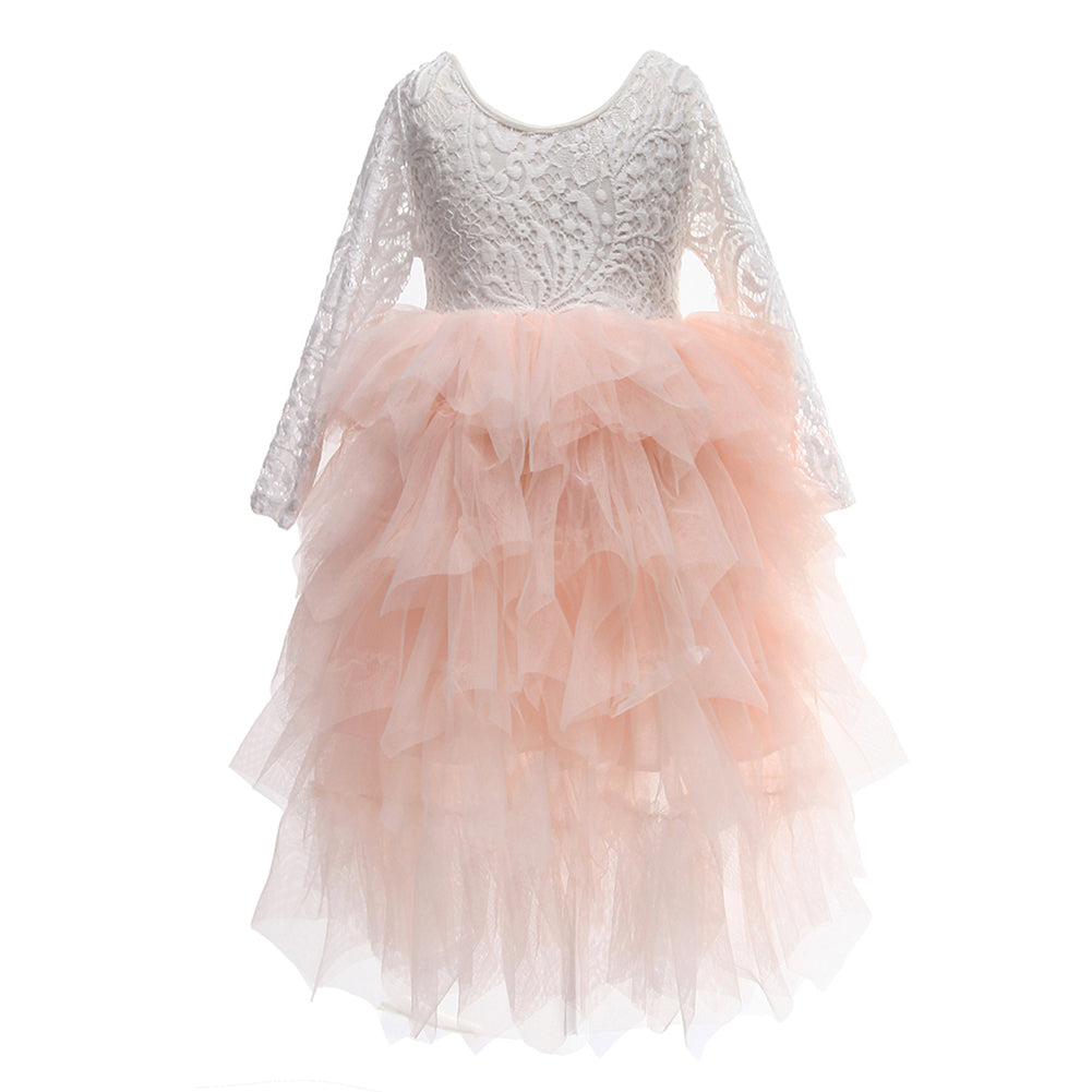 Flower Girls Tutu Tulle Lace Party Dress Pink Color Maxi Dress ...